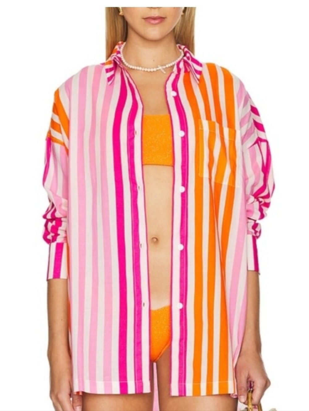 Nwot BEACH RIOT COVER UP DOPAMINE Striped Button-Up Shirt Hot Pink Orange Y2K